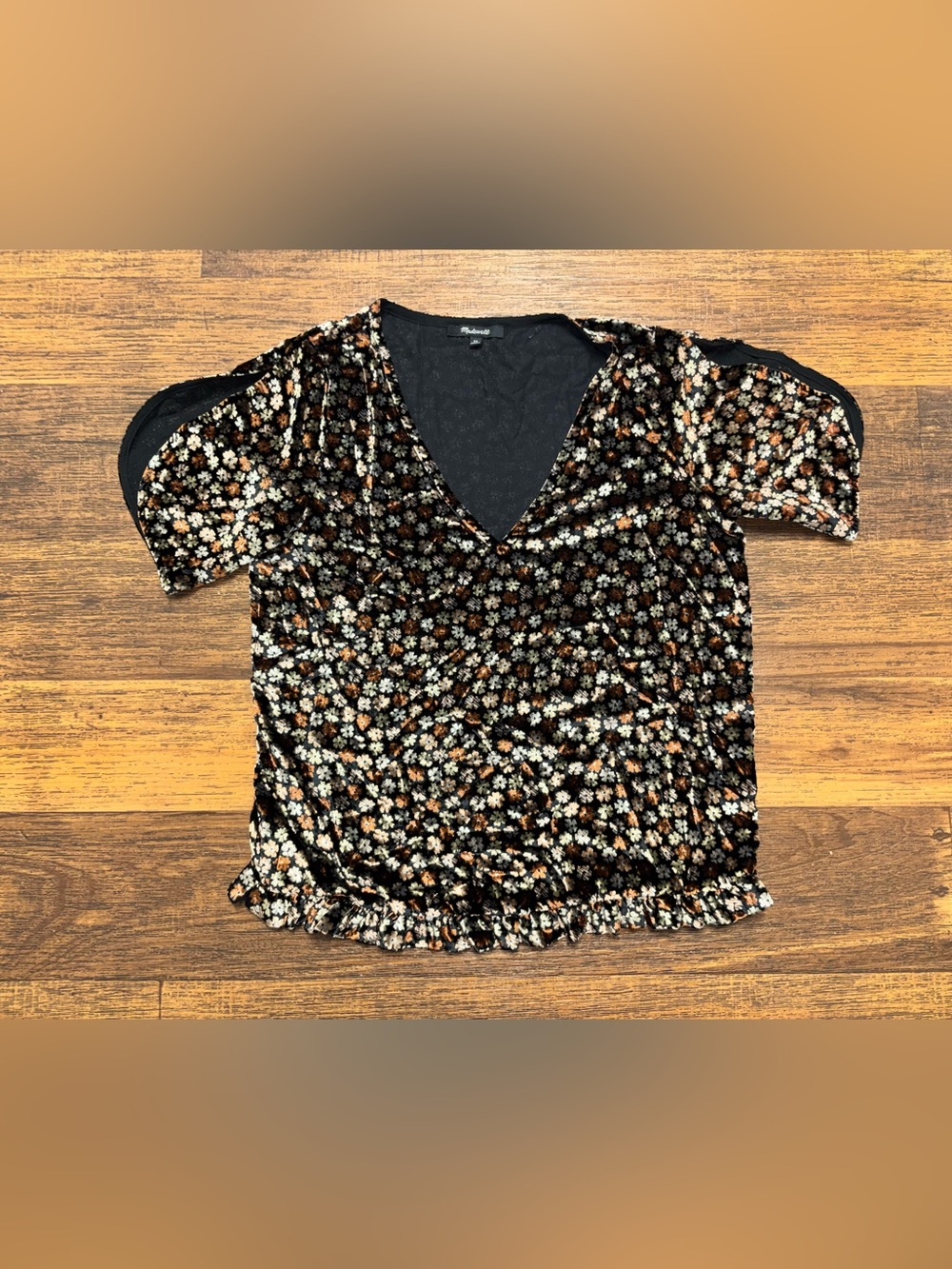 Madewell Black Velvet Floral V-Neck Short Sleeve Top
